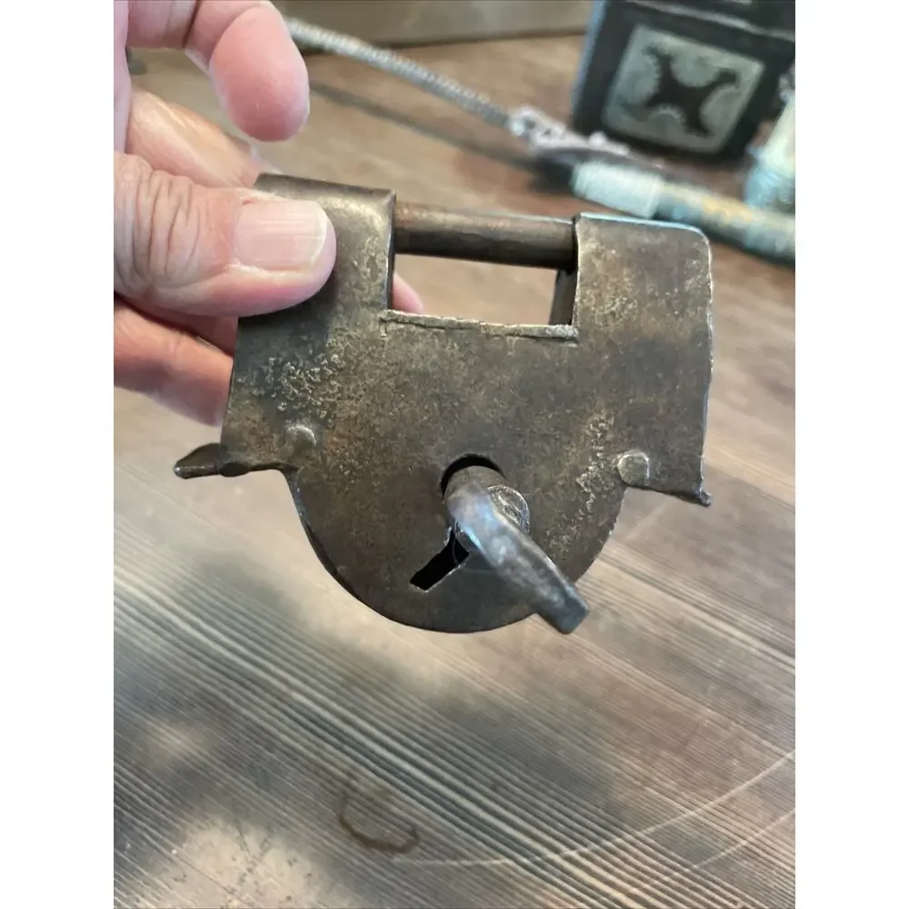 Rare antique handmade 1800s pad lock solid steel With key.